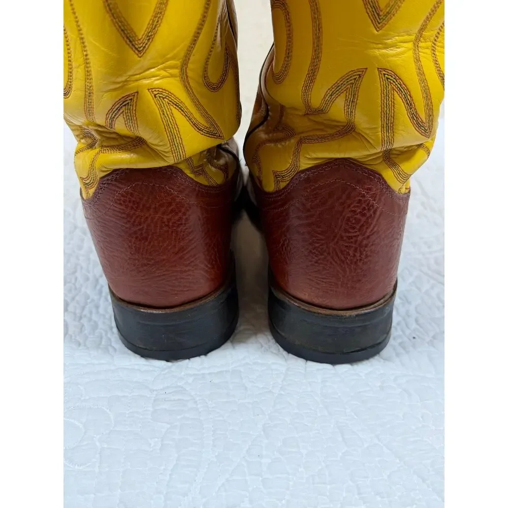 Old West Men 8D Brown Yellow Two Tone Square Toe Western Cowboy Boots Rodeo